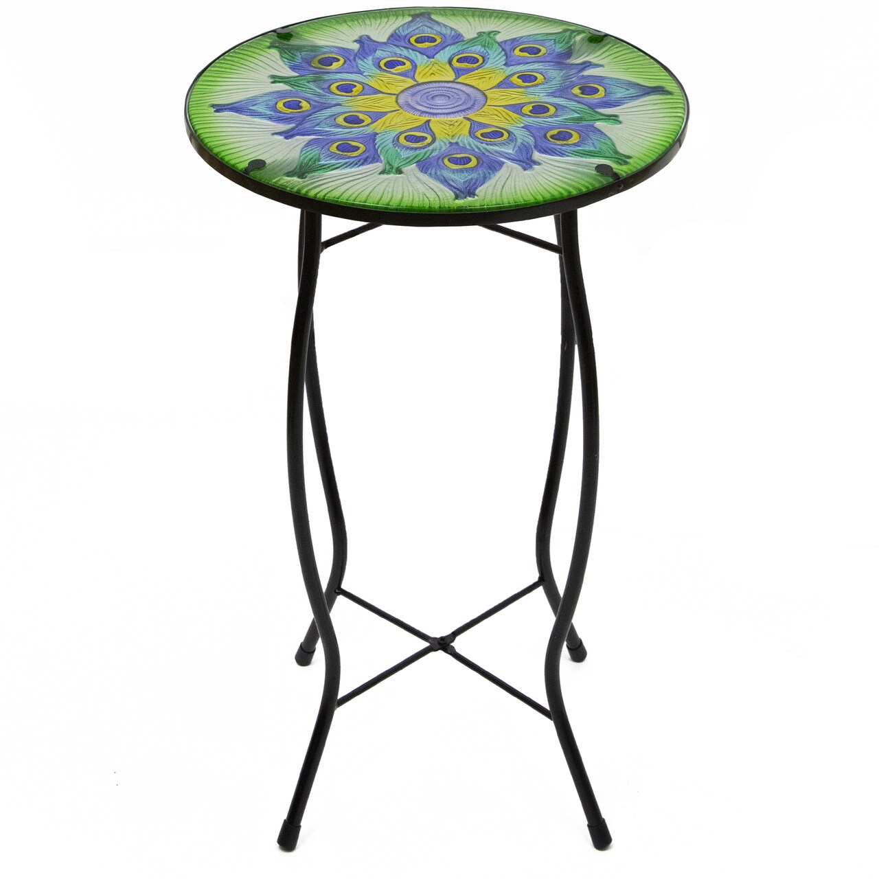 Northlight 19" Green and Blue Peacock Flower Tail Glass Patio Side Table